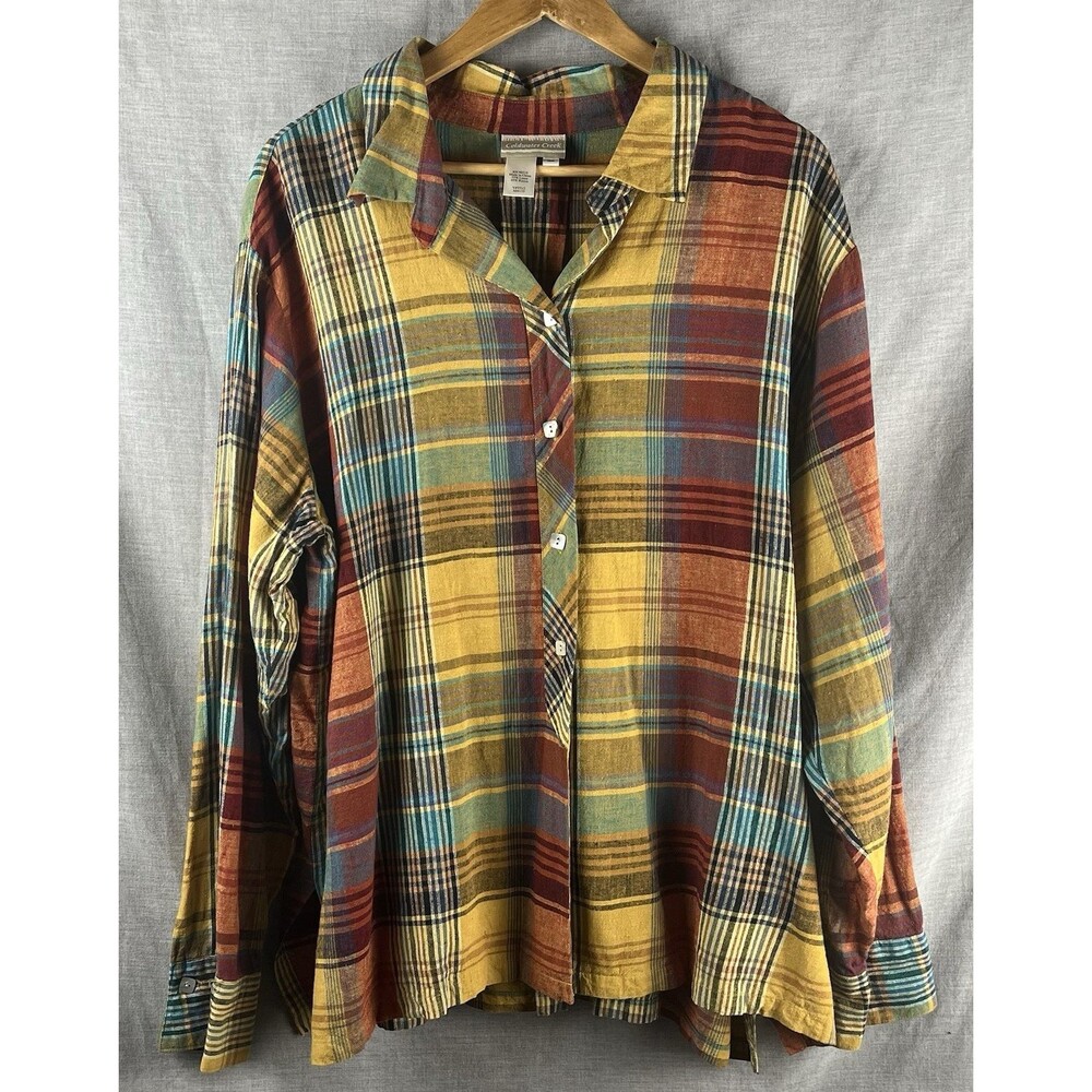 Coldwater Creek Button Up Shirt Plus Size 3X Harvest Plaid Long Sleeve Linen